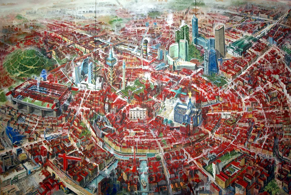 Francesco Santosuosso, Milano Rossa, 2022, trittico, olio e acrilico su tamburato, 200×300 cm