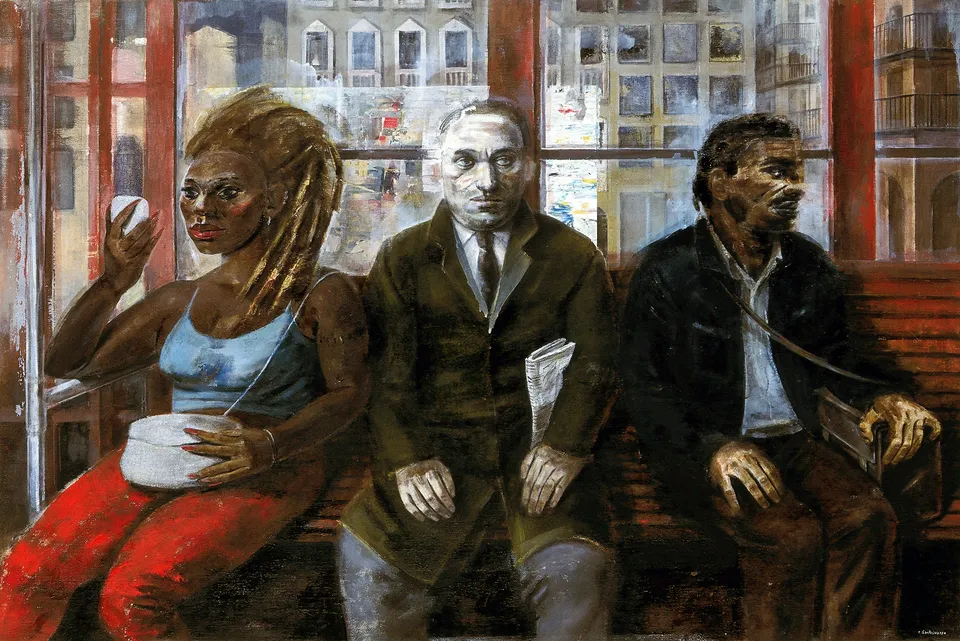 Francesco Santosuosso, 04 milanesi2000, 2000, olio su tela, 100×150 cm
