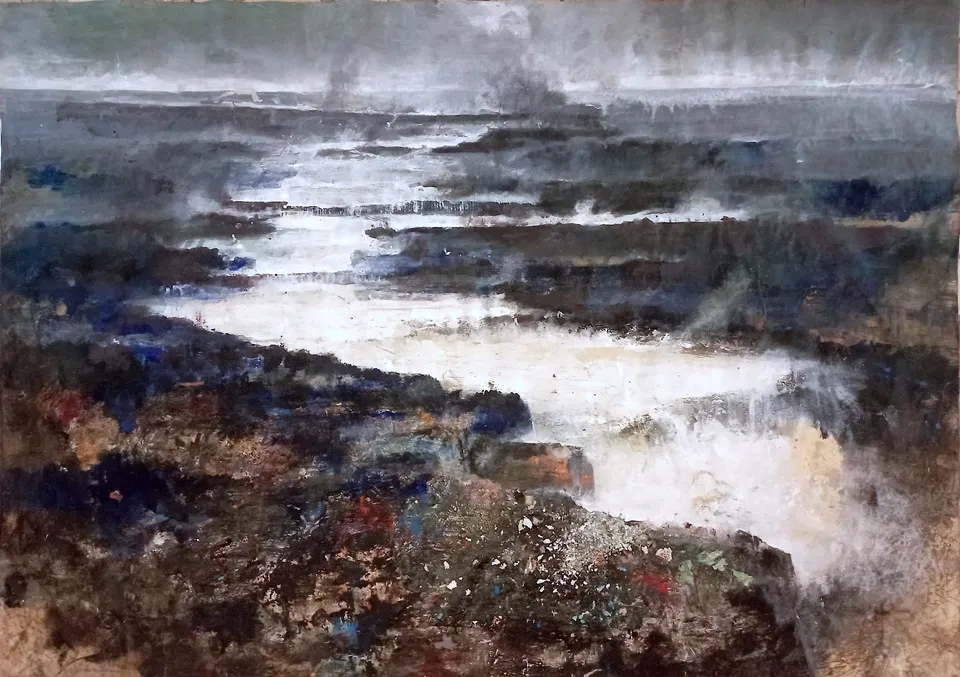 Francesco Santosuosso, Apocaliptic river acrilco e, 2021, olio su carta, 70×100 cm