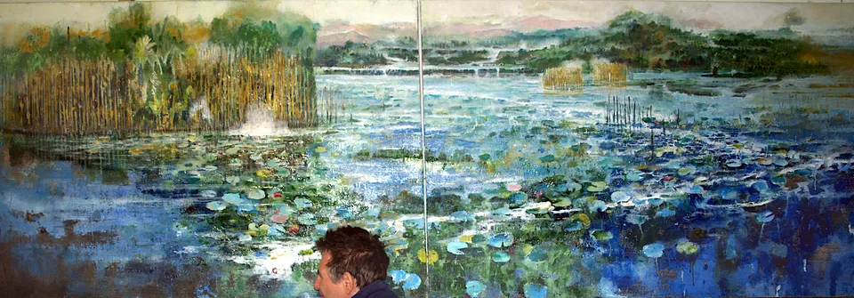 Francesco Santosuosso, Autore con dittico ninfee- +, 2017, olio su tela di juta, 100×150 cm
