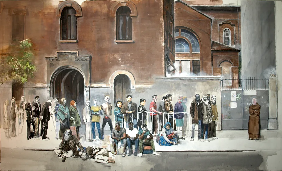 Francesco Santosuosso, Bassa definizione LA MENSA DELLA CARITA DI VIA CANOVA, 2022, acquarello acrilico china su tela, 100×170 cm