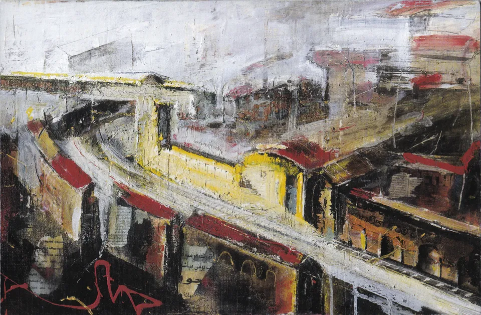 Francesco Santosuosso, Bovisa, 2001, tecnica mista su legno, 43×70 cm