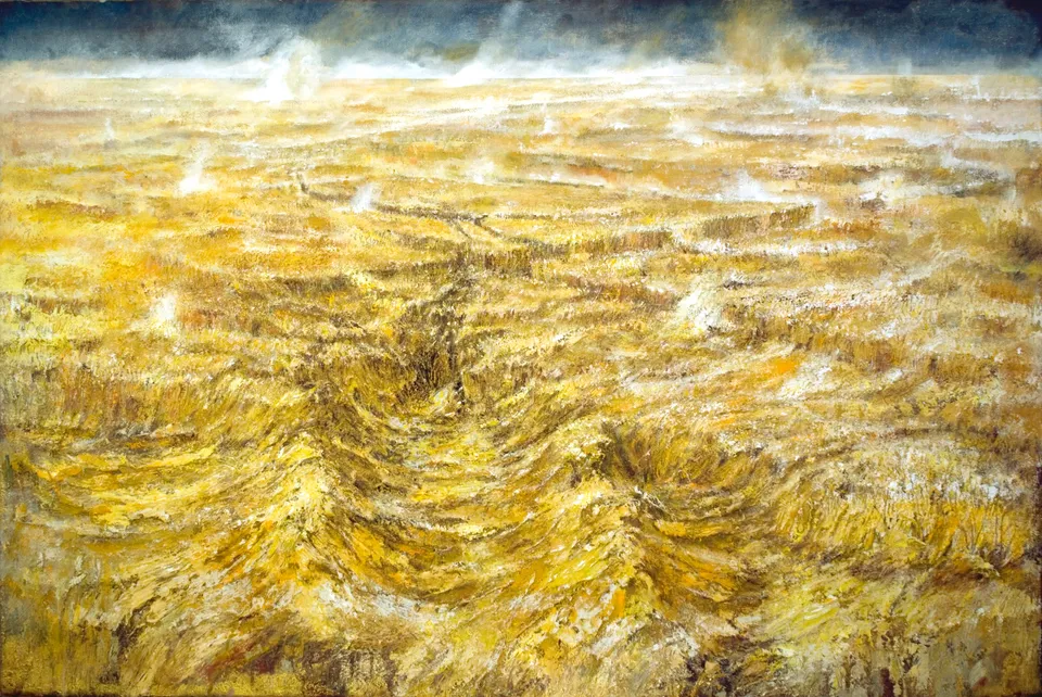 Francesco Santosuosso, Campo di grano, 2014, olio,acrilico, e smalti su tela, 100×150 cm