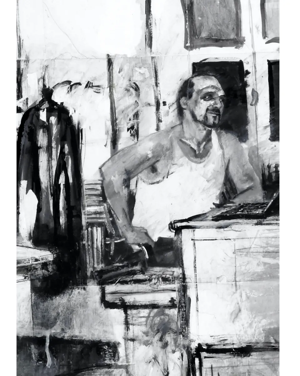 Francesco Santosuosso, CARLO particolare di CARTOONISTS a milano, 2007, tecnica mista su carta intelata, 100×150 cm