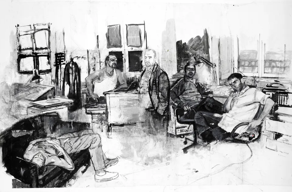 Francesco Santosuosso, CARTOONISTS a milano, 2007, tecnica mista su carta intelata, 100×150 cm
