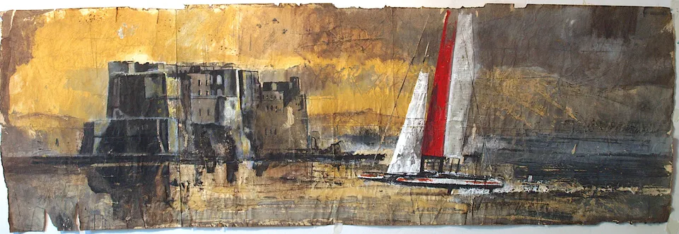 Francesco Santosuosso, Caste dell'ovo- luna rossa, 2012, tecnica mista, 32×97 cm