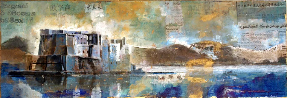 Francesco Santosuosso, Castel dell'Ovo 5, 2012, olio e acrilici su collage su tavola, 26×76 cm