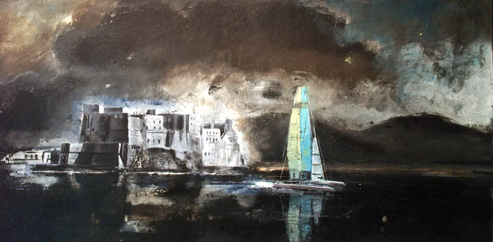 Francesco Santosuosso, Catamarano, 2012, acrilici su carta catramata, 30×60 cm