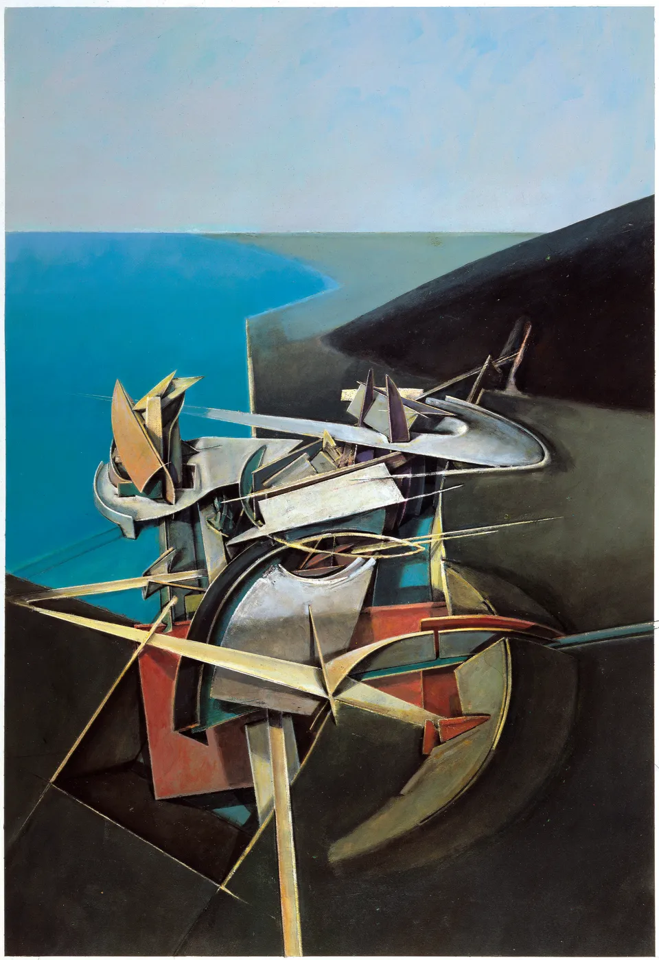 Francesco Santosuosso, Citta' decostruttivista, 1992, olio e acrilico su cartone, 70×50 cm