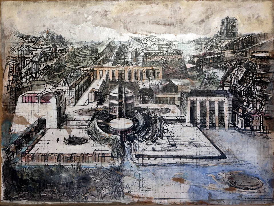Francesco Santosuosso, Citta ideale, 1999, tecnica mista su tela, 150×200 cm