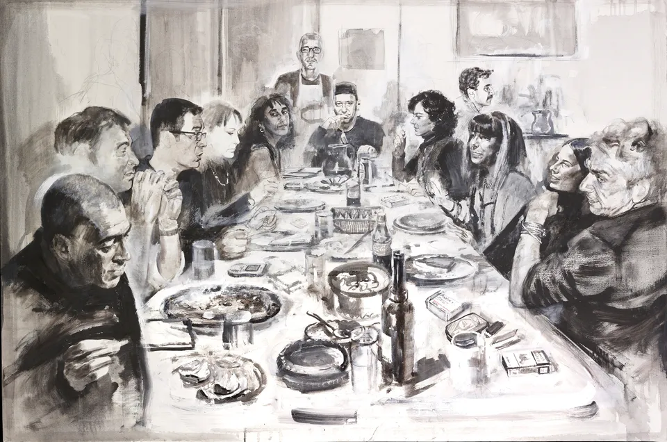 Francesco Santosuosso, Compagnia milanese, 2008, tecnica mista su tela, 100×150 cm