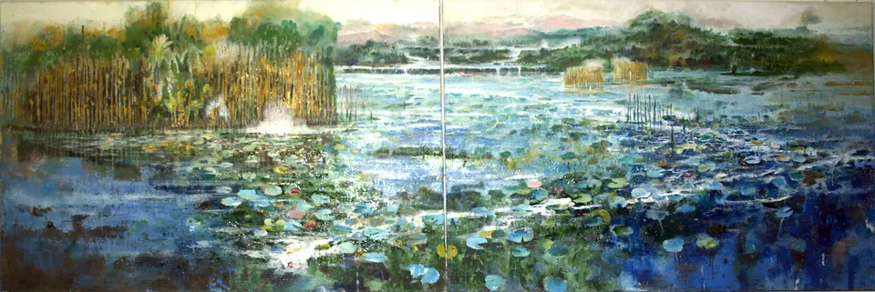 Francesco Santosuosso, Dittico ninfee- +, 2017, olio su tela di juta, 100×150 cm