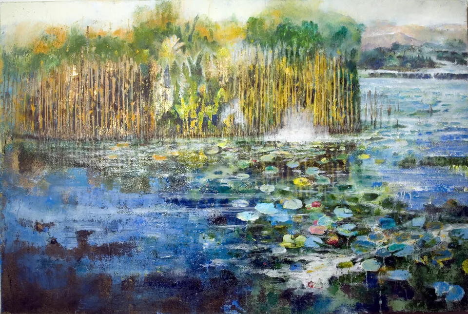 Francesco Santosuosso, Dittico ninfee tela 1, 2017, olio su tela di juta, 100×150 cm