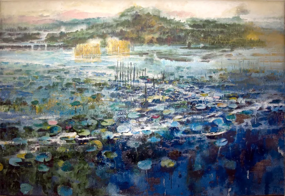 Francesco Santosuosso, Dittico ninfee tela 2, 2017, olio su tela di juta, 100×150 cm
