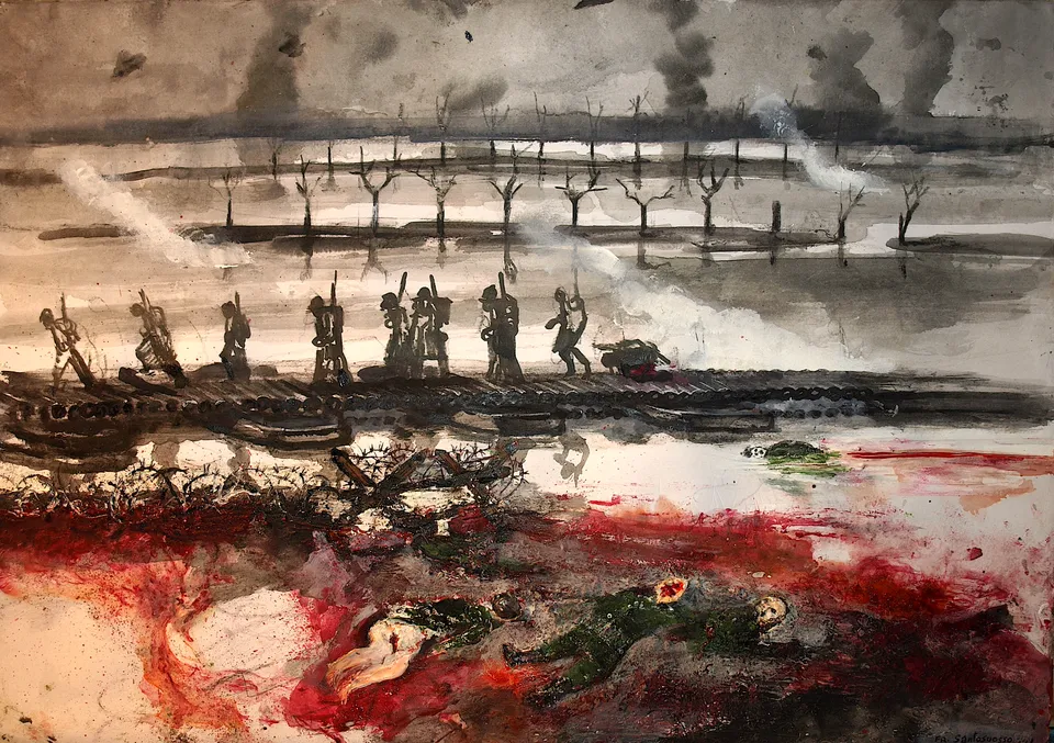 Francesco Santosuosso, E il piave si tinse di rosso, 2024, china e acrilico su carta, 35×50 cm