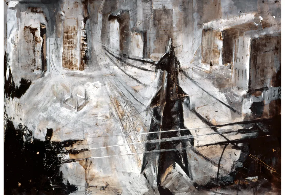 Francesco Santosuosso, Gallaratese, 2002, olio e bitume su carta intelata, 55×70 cm