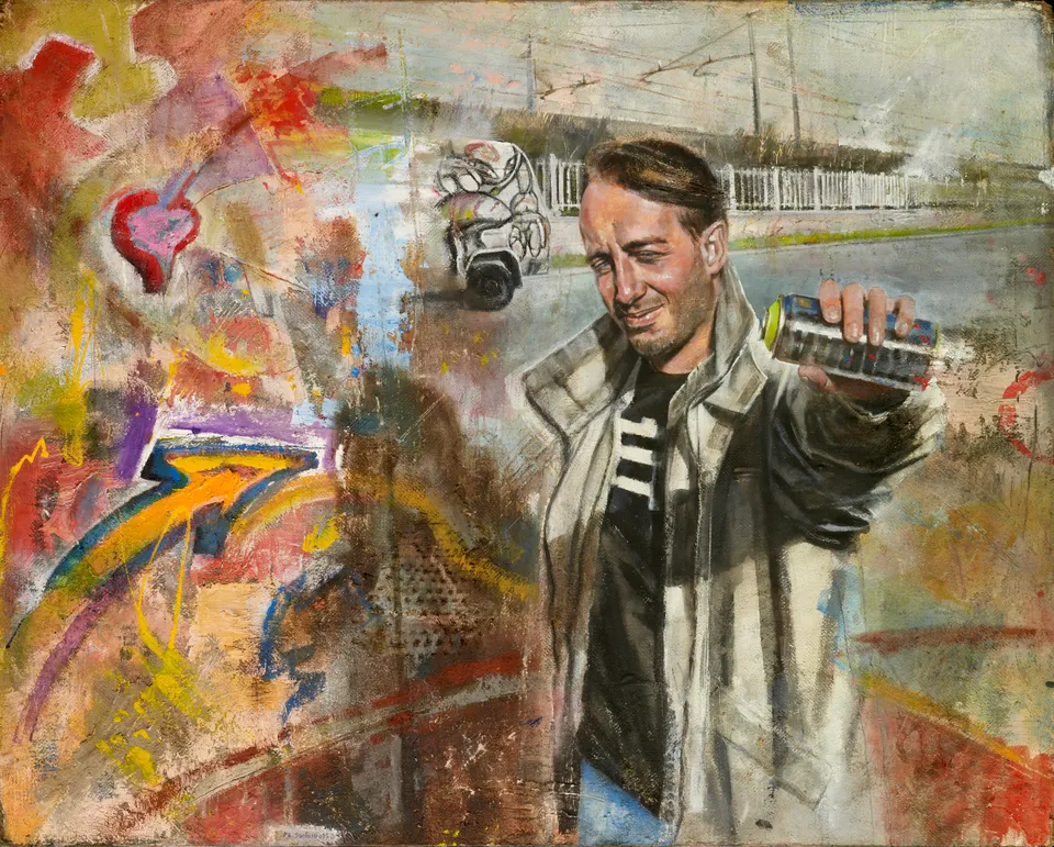 Francesco Santosuosso, Gatto, writer, 2008, tecnica mista su tavola, 77×97 cm