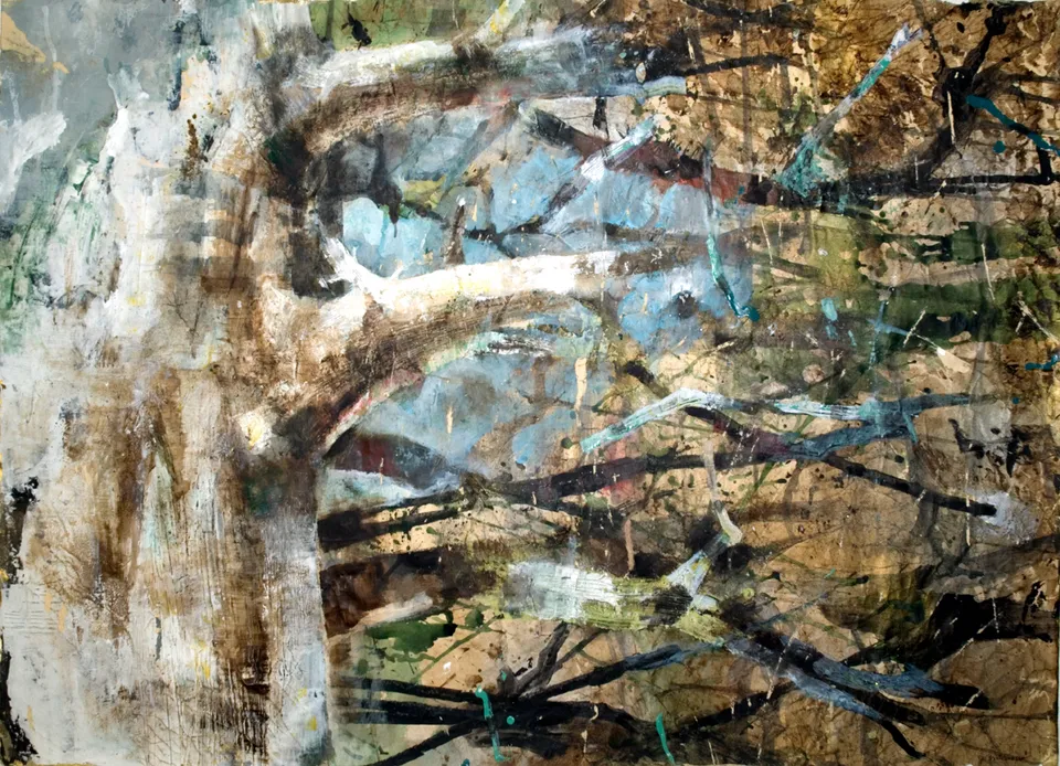 Francesco Santosuosso, Gli insetti che vivono nell'albero, 2017, acquarello olio acrilico su carta, 70×100 cm