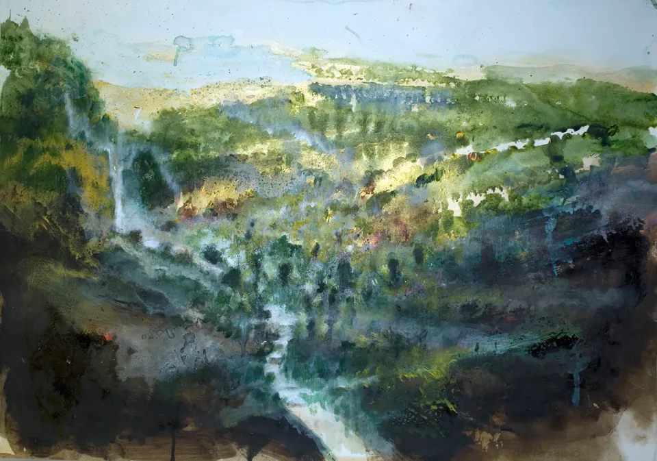 Francesco Santosuosso, Happy little river, 2017, acquarello olio acrilico su carta, 70×100 cm