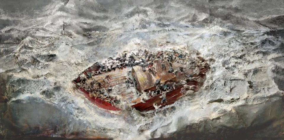 Francesco Santosuosso, Humanitasdolens, 2022, bassorilievo su tela, in stucco, gesso, resina, olio, acrilico, legno, juta, 200×400 cm