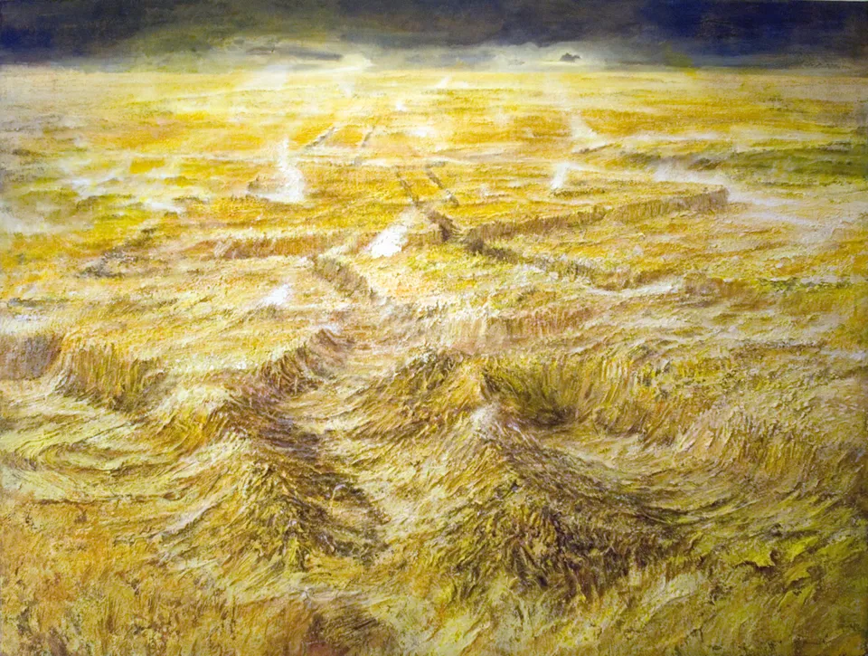 Francesco Santosuosso, I campi faticosi degli uomini, 2015, olio su tela, 150×200 cm
