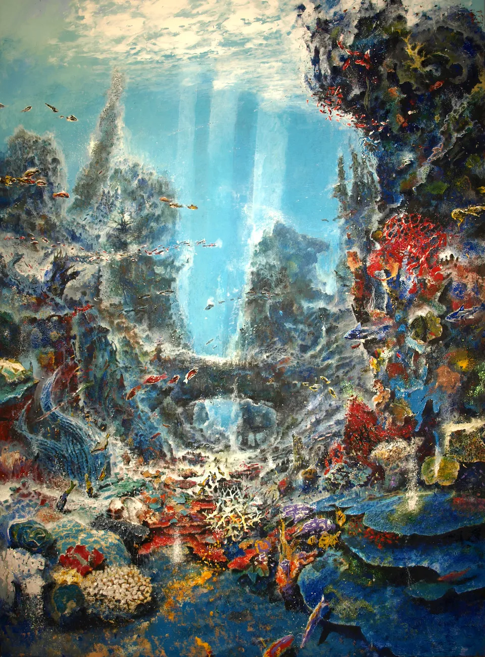 Francesco Santosuosso, I misteri del mondo sommerso, 2022, olio e acrilico su tela, 210×150 cm