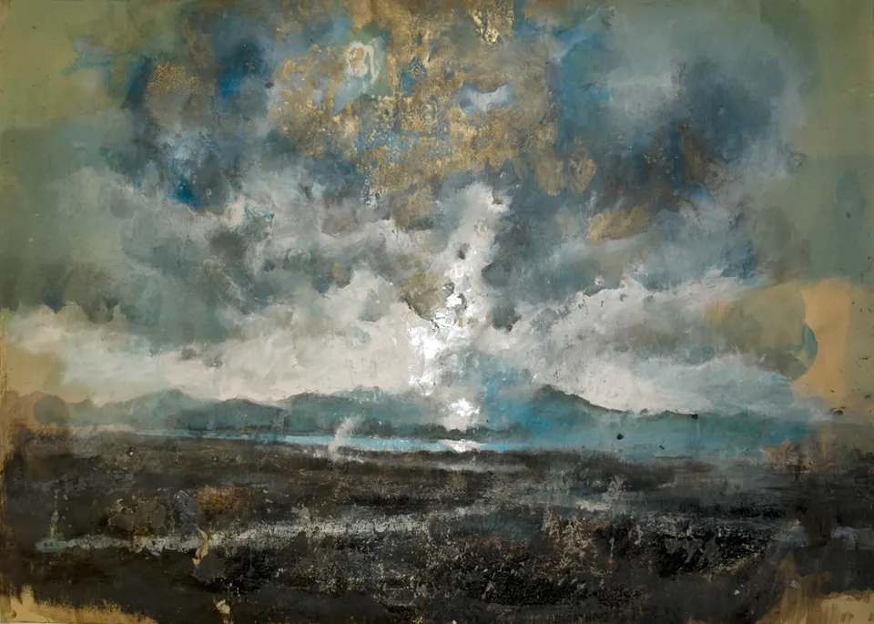 Francesco Santosuosso, I vapori bollenti dell'islanda, 2017, acquarello olio acrilico su carta, 70×100 cm