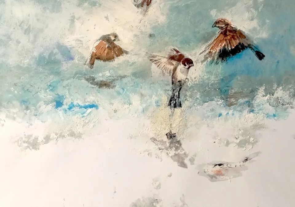 Francesco Santosuosso, Il bagnetto dei passeri ai giardini 4, 2024, acrilico su carta, 35×50 cm