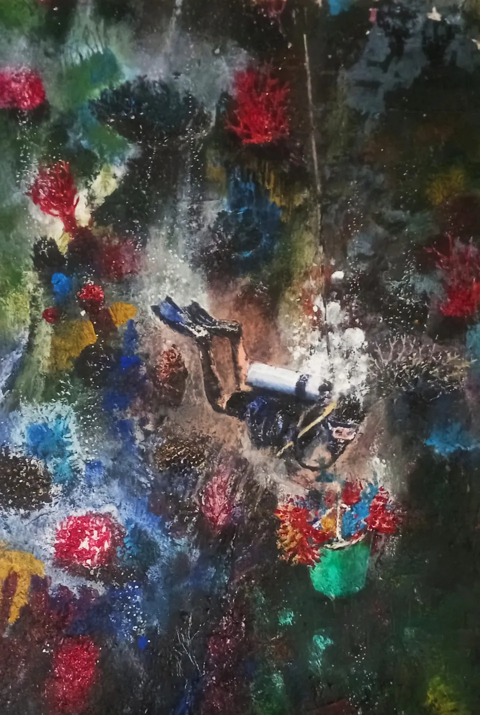 Francesco Santosuosso, Il cacciatore di coralli, 2024, olio e acrilico su carta, 35×50 cm