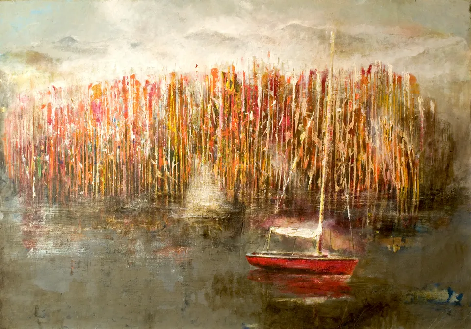 Francesco Santosuosso, Il canneto rosso, 2017, acquarello olio acrilico su carta, 70×100 cm