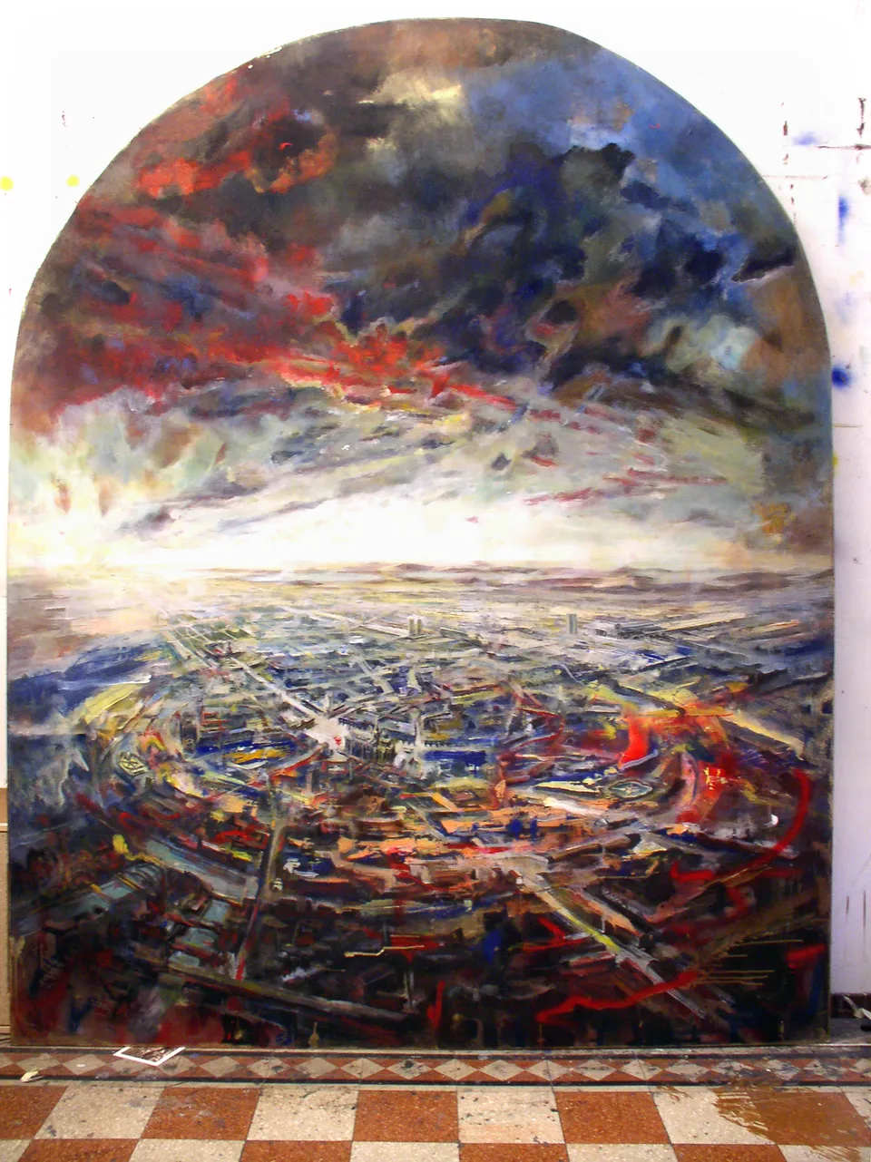 Francesco Santosuosso, Il cielo sopra MIlano, 2003, olio e acrilici su tela centinata, 230×185 cm