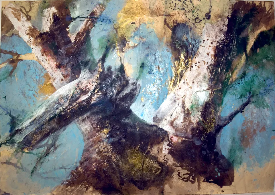 Francesco Santosuosso, Il mistero dell'albero torto 2, 2017, acquarello olio acrilico su carta, 70×100 cm