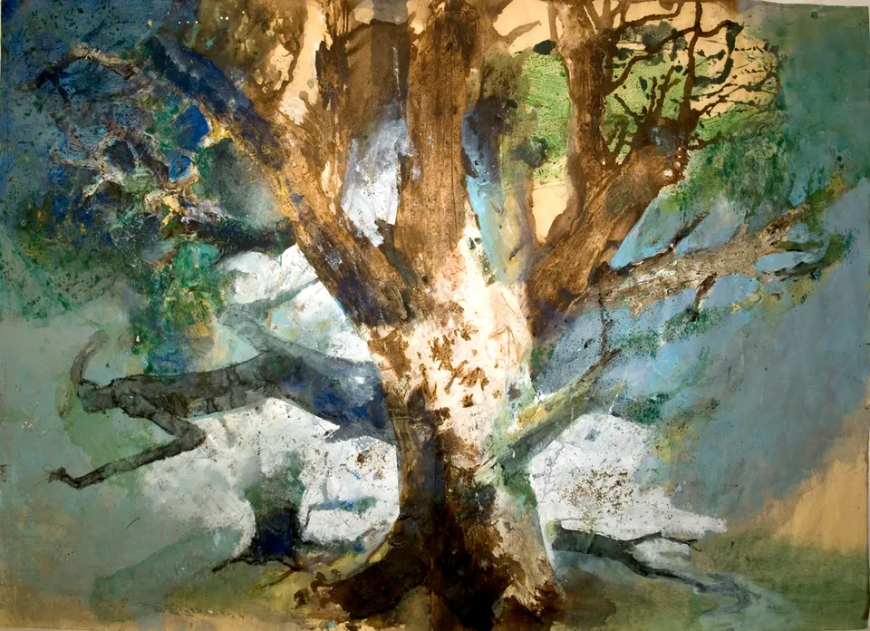 Francesco Santosuosso, Il mistero dell'albero torto 3, 2017, acquarello olio acrilico su carta, 70×100 cm