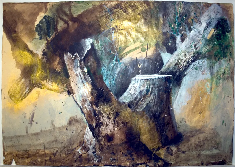 Francesco Santosuosso, Il mistero dell'albero torto, 2017, acquarello olio acrilico su carta, 70×100 cm