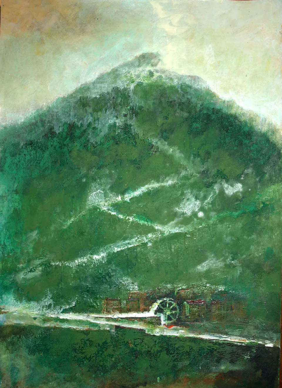 Francesco Santosuosso, Il mulino ad acqua, 2024, olio e acrilico su carta, 35×50 cm