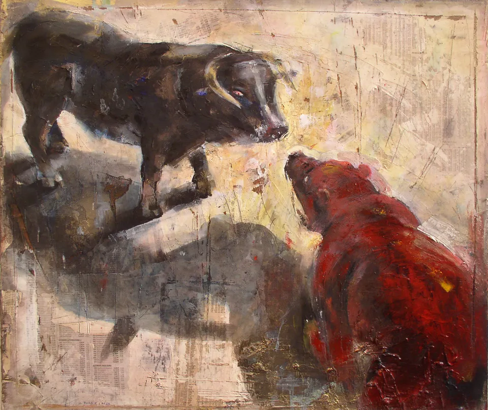 Francesco Santosuosso, Il toro e l'orso, 2007, 40×40 cm