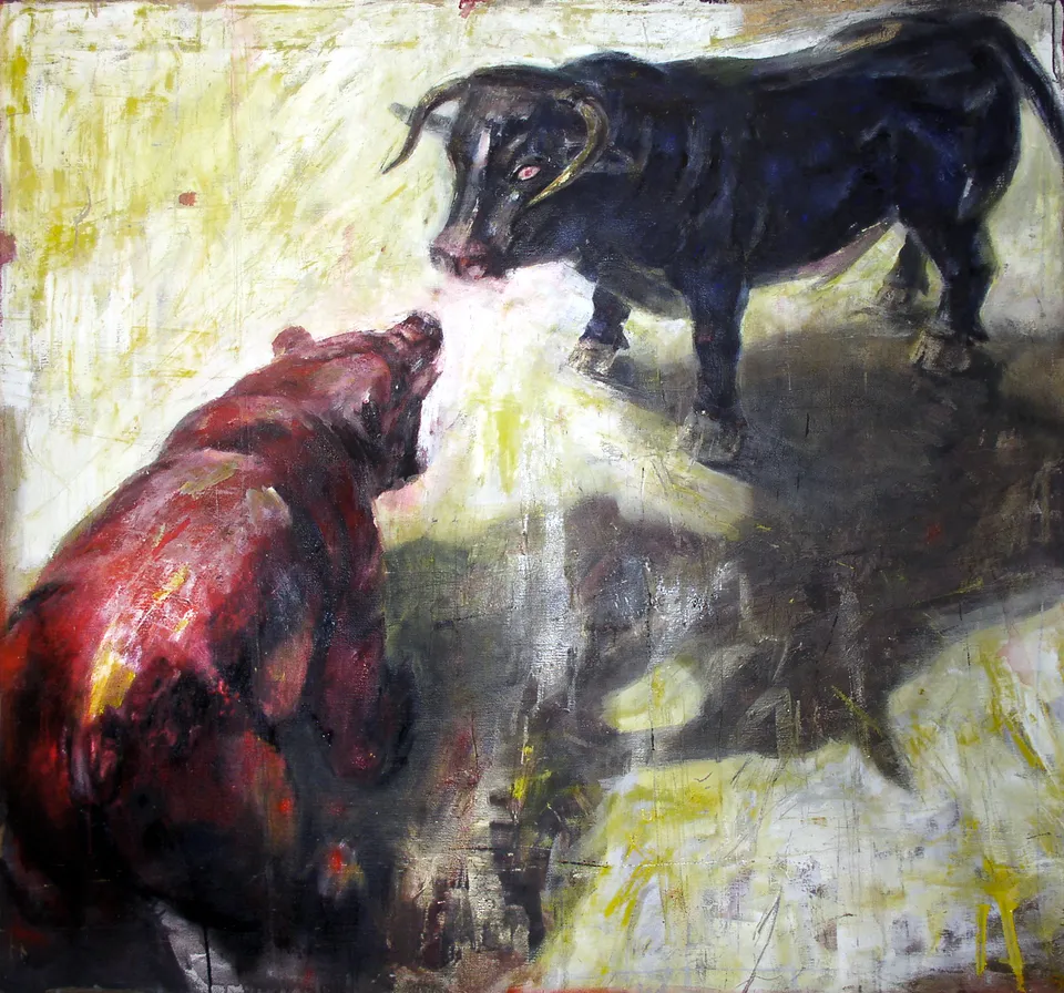 Francesco Santosuosso, Il toro e l'orso, 2003, olio e acrilici su tela, 150×160 cm