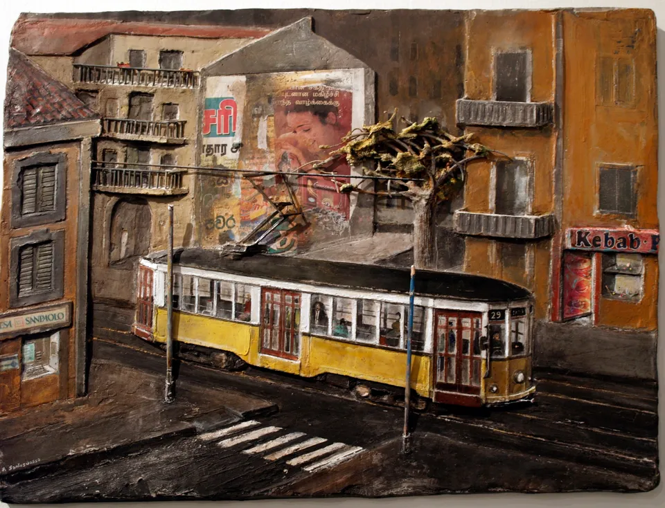 Francesco Santosuosso, Il-vecchio-tram-giallo, 2011, bassorilievo, 45×65 cm