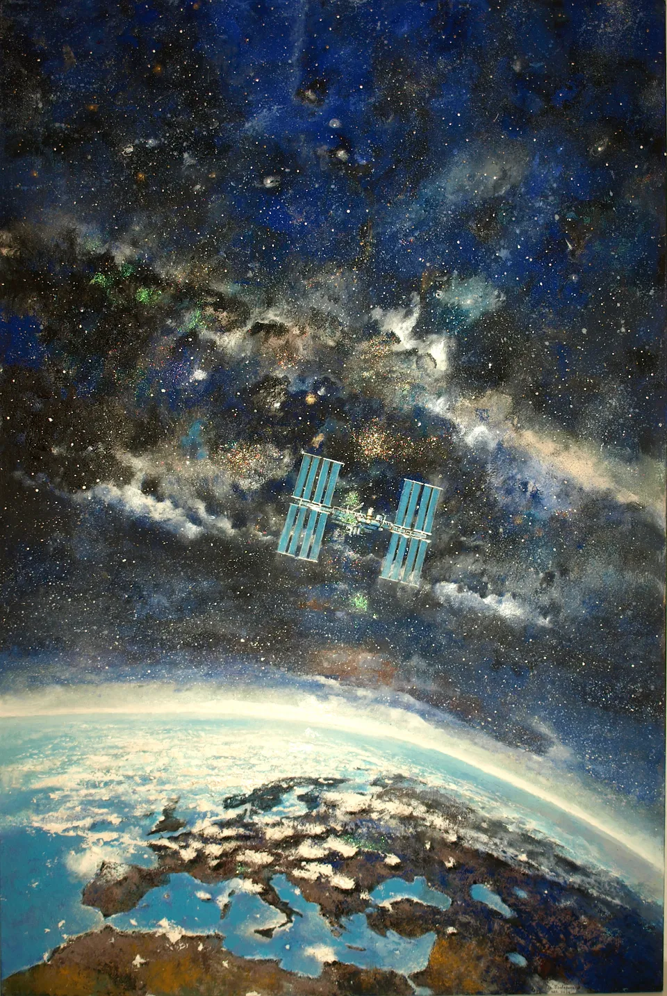 Francesco Santosuosso, ISS, stazione spaziale internazionale, 2024, olio e acrilico su tela, 150×100 cm