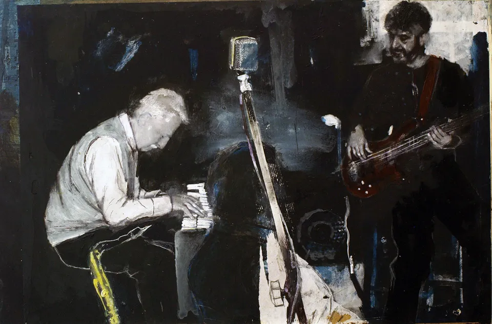 Francesco Santosuosso, Jam session 2, 2019, tecnica mista su tavola, 30×45 cm