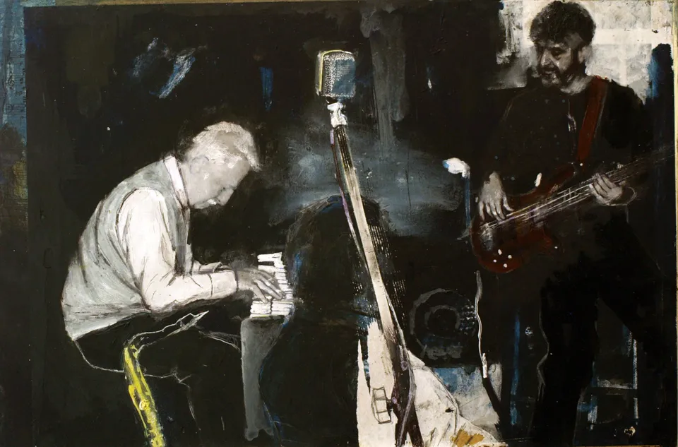 Francesco Santosuosso, Jam session, tecnica mista su tavola, 30×45 cm