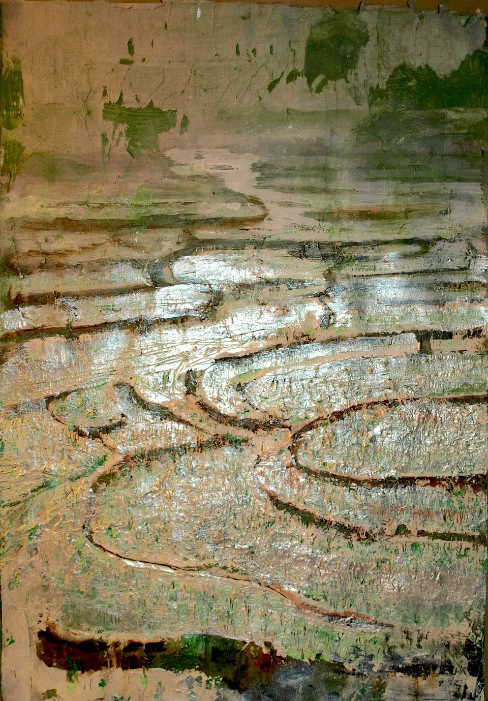 Francesco Santosuosso, L'acqua delle risaie, 2024, acrilico su carta, 35×50 cm