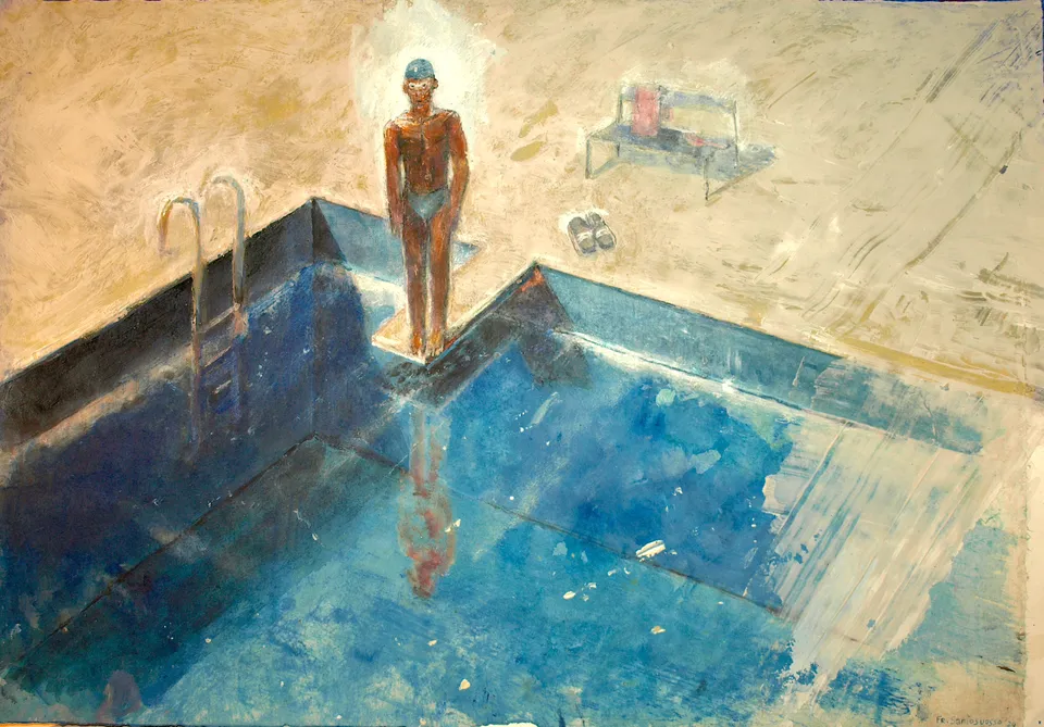 Francesco Santosuosso, L'acqua ghiacciata dela cozzi, 2024, acrilico su carta, 35×50 cm