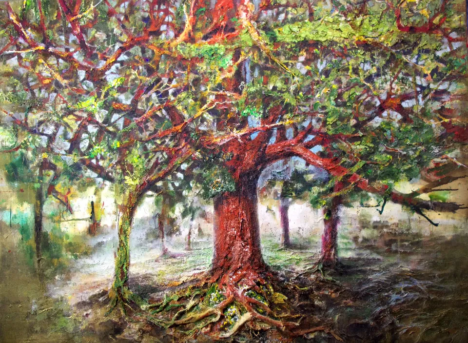 Francesco Santosuosso, L' albero, 2019, acrilico, olio e stucchi su tela di juta, 150×200 cm