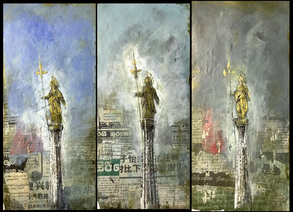 Francesco Santosuosso, La bela madunina, 2021, acrilici e collage, 30×14 cm