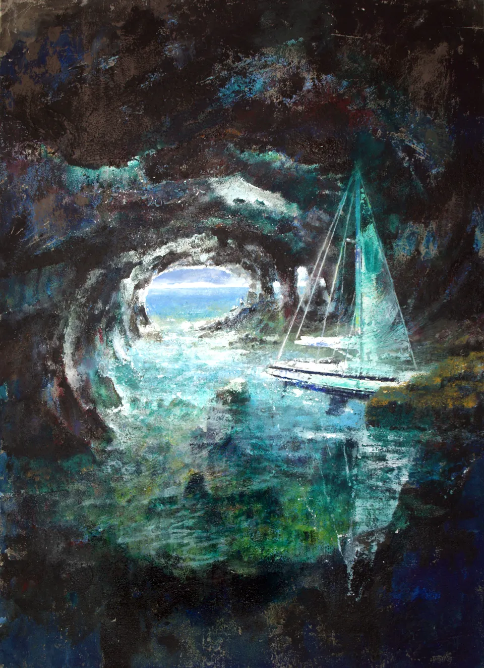 Francesco Santosuosso, La caverna, 2016, olio e acrilico su metallo, 100×70 cm
