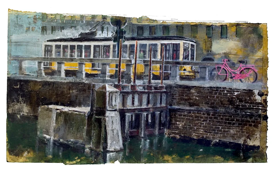 Francesco Santosuosso, LA CHIUSA sulla darsena, 2017, tecnica mista su carta, 19×32 cm