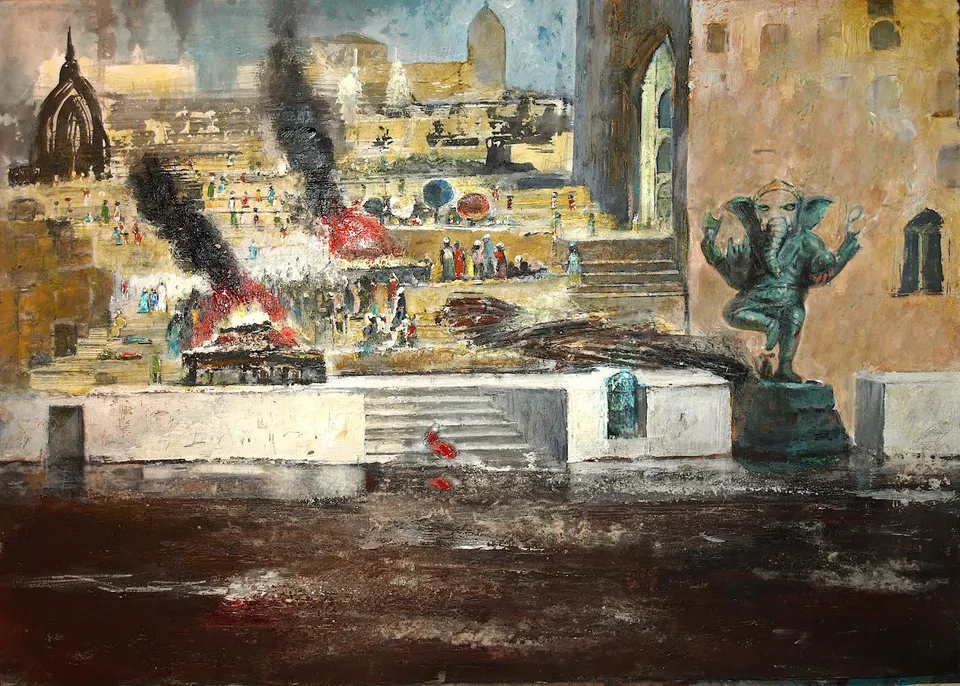 Francesco Santosuosso, La cremazione dei corpi a benares, 2024, acrilico su carta, 35×50 cm