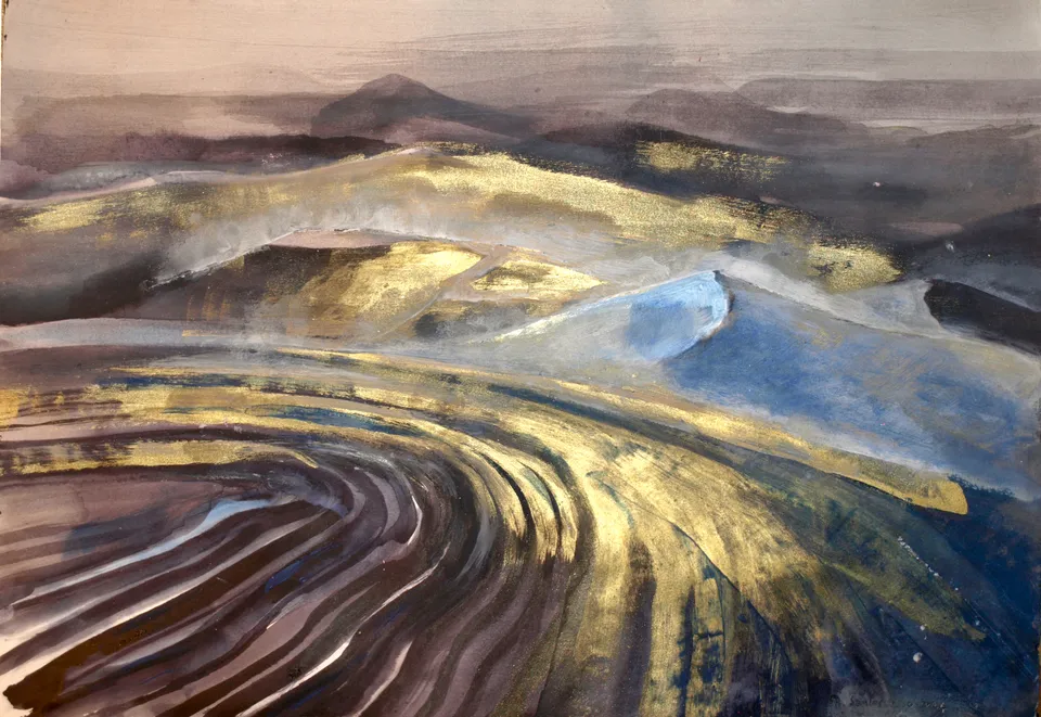 Francesco Santosuosso, La duna blu, 2024, acrilico e smalti su carta, 35×50 cm