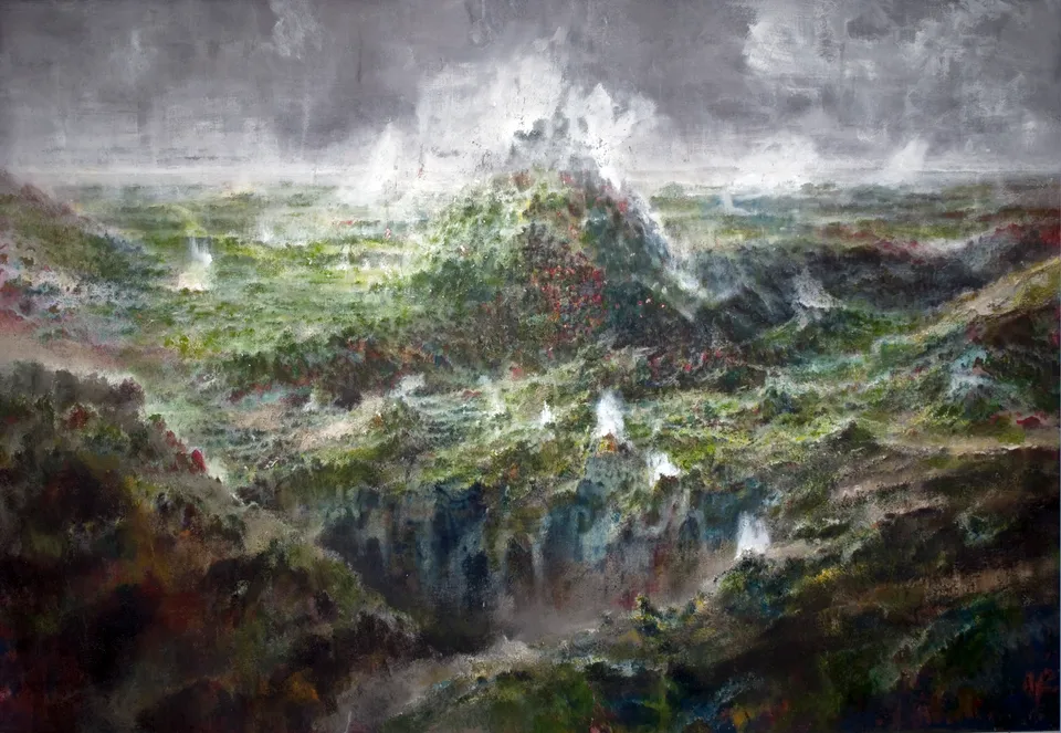Francesco Santosuosso, La vita giocosa degli alberi, 2014, olio e acrilici su tela, 120×180 cm
